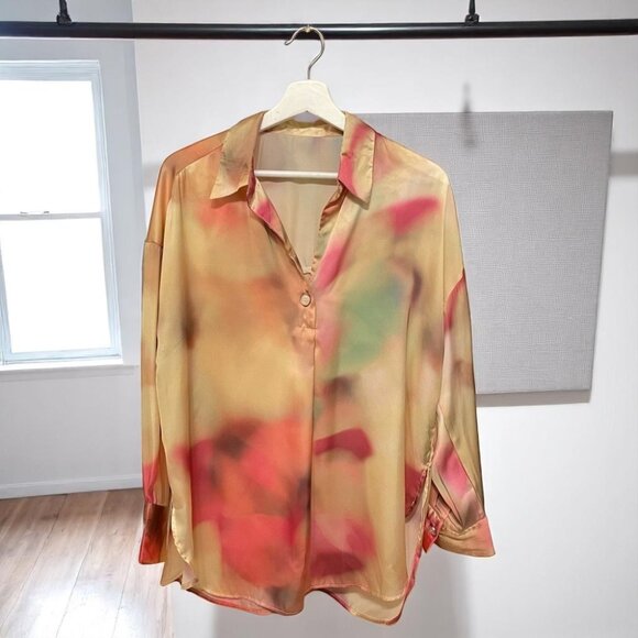 NWT J.ING Gold Tone Satin Long Sleeve Oversize Blouse - Picture 2 of 8